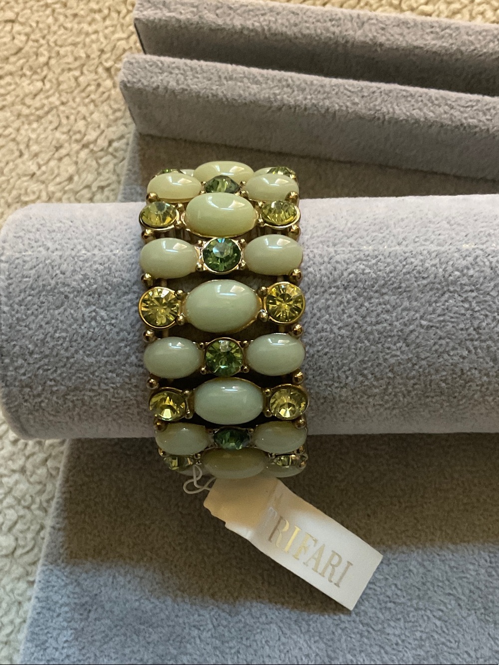 Trifari Gold-Tone Bracelet with Pale Yellow Cabochons and Green Crystals